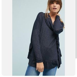 Anthropologie 9-H15 STCL Orley Metallic Ruffle Navy Cowl Neck Sweater Size M/L